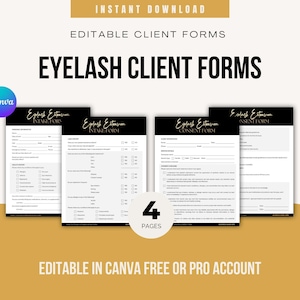 Puede incluir: Un conjunto de cuatro formularios editables para clientes de extensiones de pestañas, que incluyen admisión y consentimiento con encabezados negros y texto blanco. Los documentos contienen casillas de verificación y líneas para datos del cliente.