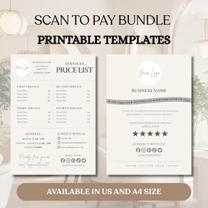 May include: Printable templates bundle with "SCAN TO PAY" and "PRINTABLE TEMPLATES" text. Includes a price list and a business information template. Available in US and A4 sizes. Features a neutral color palette with a minimalist design.