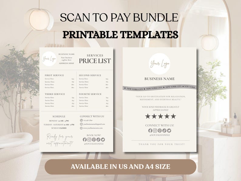 May include: Printable templates bundle with "SCAN TO PAY" and "PRINTABLE TEMPLATES" text. Includes a price list and a business information template. Available in US and A4 sizes. Features a neutral color palette with a minimalist design.