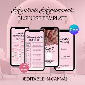 Plantilla de citas semanales disponibles en Canva para salón de uñas. Calendario semanal para historias de Instagram. Horario de reservas para uñas. Disponibilidad mensual.