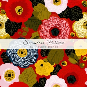 May include: A seamless pattern featuring stylized flowers in red, yellow, blue, and pale pink with dark green leaves on a vibrant red background. The text Seamless Pattern By MouDesignShop is overlaid across the center of the floral design.