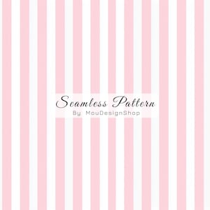 May include: A seamless pattern design featuring vertical stripes in alternating shades of white and light pink. The text "Seamless Pattern By MouDesignShop" is displayed in a white rectangle.