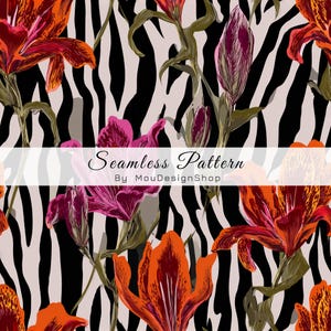 May include: A seamless pattern featuring vibrant orange and magenta lily flowers with green stems set against a black and beige zebra stripe background. A white horizontal banner across the center displays the text Seamless Pattern By MouDesignShop.