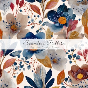 May include: A seamless pattern featuring watercolor-style flowers in shades of deep blue, soft white, and warm orange, accented by dark blue berries and foliage on a cream background. The text Seamless Pattern By MouDesignShop is centered.