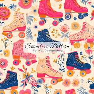 Roller Skates Fitness Bright Shoes Floral Girls Seamless Repeat Pattern