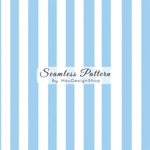 May include: A repeating vertical stripe pattern featuring alternating light blue and white bands. Centered on the image is a white rectangular overlay containing the black text Seamless Pattern and the smaller text By MouDesignShop.