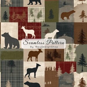 Woodland Creatures Patchwork Pine Forest Seamless Repeat Pattern for Fabric Wallpaper Crafts Scrapbooking