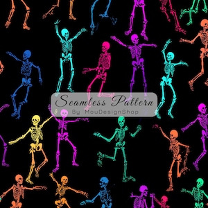 Peut inclure: Un motif sans couture avec des squelettes dansants colorés sur fond noir. Les squelettes sont dans diverses teintes vives, notamment le bleu, le rose, le vert, l'orange et le jaune. Le texte "Seamless Pattern" et "By MouDesignShop" est également visible.