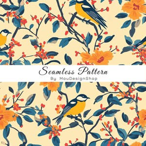 Op de afbeelding: Een naadloos patroon met gele en zwarte vogels op takken met oranje bloemen en rode bessen tegen een lichtgele achtergrond. Een witte horizontale banner toont de tekst Seamless Pattern By MouDesignShop.
