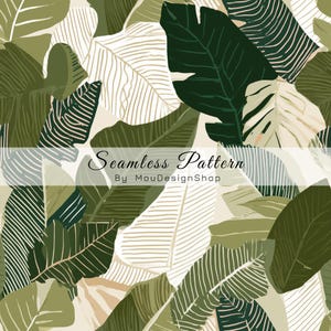 Peut inclure: Un motif sans couture représentant des feuilles tropicales superposées dans des tons vert foncé, olive et crème. Le design inclut des illustrations de feuilles pleines et dessinées au trait. Une bande centrale affiche le texte Seamless Pattern By MouDesignShop.