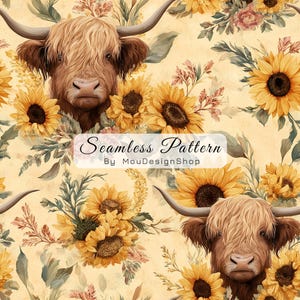 May include: A seamless pattern featuring brown Highland cattle with long horns surrounded by yellow sunflowers and green foliage on a light beige background. The image includes the text Seamless Pattern By MouDesignShop in the centre.