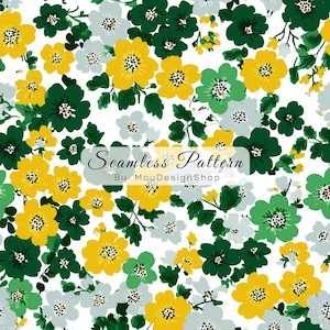 Puede incluir: Un patrón floral sin costuras con flores amarillas, verdes y grises y hojas de color verde oscuro sobre un fondo blanco. El texto "Seamless Pattern By MouDesignShop" está superpuesto en la imagen.