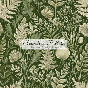 May include: A seamless pattern featuring detailed botanical illustrations of ferns and various wildflowers in cream and light green tones against a dark forest green background. The text Seamless Pattern By MouDesignShop is centred.