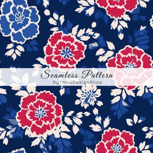 May include: A seamless pattern featuring red and blue flowers with white leaves on a dark blue background. A white horizontal banner across the center displays the text Seamless Pattern By MouDesignShop in a black script and sans-serif font.