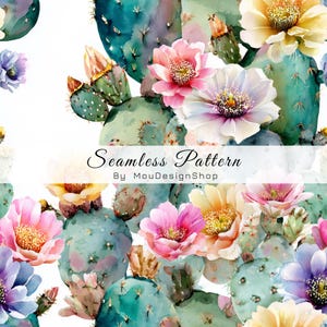 May include: A watercolour seamless pattern of cacti with pink, yellow, and purple flowers. The design includes the text "Seamless Pattern By MouDesignShop" on a white background. The illustration showcases a botanical theme.