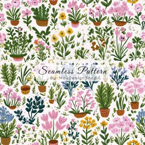 May include: A seamless pattern featuring a variety of potted plants and flowers in shades of pink, yellow, and blue with green foliage on a white background. The text Seamless Pattern By MouDesignShop is centred in the middle of the image.