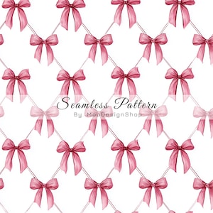 Può includere: Motivo senza cuciture con fiocchi rosa acquerello su sfondo bianco, disposti a griglia. Il testo "Seamless Pattern" e "By MouDesignShop" è visibile. I fiocchi variano nelle tonalità del rosa.