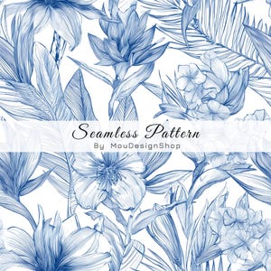 May include: A seamless pattern featuring intricate blue line art illustrations of tropical flowers and palm leaves on a white background. A central white horizontal banner displays the text Seamless Pattern By MouDesignShop in black font.
