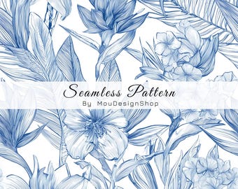 Patrón de repetición sin costuras JPG de flores azules y blancas de toile de hojas tropicales