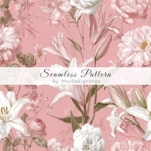 Könnte beinhalten: Nahtloses Blumenmuster mit weißen, rosa und grünen Blumen auf rosa Hintergrund. Das Design umfasst Lilien, Rosen und andere florale Elemente. Der Text "Seamless Pattern" und "By MouDesignShop" ist zu sehen.