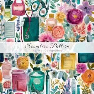 May include: Watercolor seamless pattern featuring medical tools, flowers, and bottles in shades of pink, teal, yellow, and purple. The text "Seamless Pattern By MouDesignShop" is displayed across the image.
