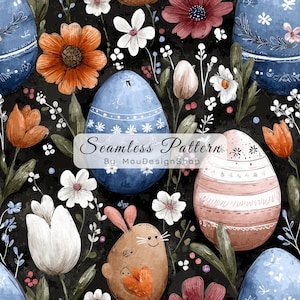 以下が含まれることがあります： 黒い背景に、イースターエッグ、花、ウサギが描かれたシームレスな水彩パターン。卵は青とピンクで、花柄と幾何学模様で装飾されています。オレンジと白の花が散りばめられています。「Seamless Pattern By MouDesignShop」の文字が見えます。