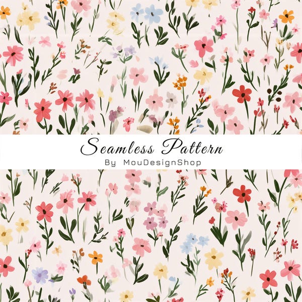 Small Hand Painted Flower Ditsy on Off-White Background Seamless Pattern
