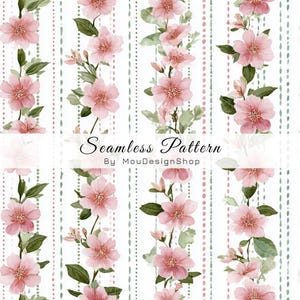May include: A seamless pattern featuring watercolor illustrations of pink flowers with green leaves and stems. The design includes vertical stripes of pink and green dotted lines on a white background. The text "Seamless Pattern" is displayed.