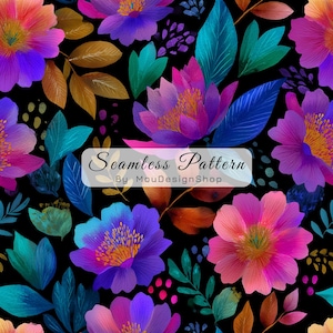 May include: Seamless pattern featuring vibrant watercolor flowers in shades of pink, purple, and blue, with orange and teal leaves, set against a black background. The text "Seamless Pattern By MouDesignShop" is displayed.