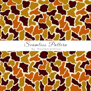 May include: A seamless pattern featuring irregular, organic shapes in shades of dark maroon, burnt orange, and mustard yellow against a cream background. A white horizontal band across the center displays the text Seamless Pattern By MouDesignShop.