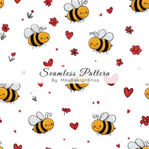 May include: A seamless pattern featuring cartoon bumblebees with yellow and black stripes, white wings, and smiling faces, interspersed with small red hearts and red flowers on a white background. Text reads Seamless Pattern By MouDesignShop.