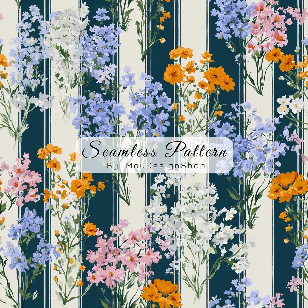 Wildflower on Stripe Digital Paper for Fabric Wallpaper Crafts Seamless ...