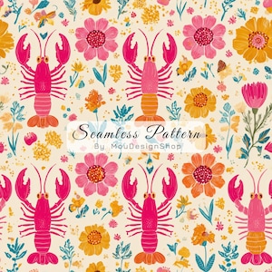 May include: A seamless pattern featuring bright pink lobsters, pink and yellow flowers, and teal leaves on a cream background. The text "Seamless Pattern By MouDesignShop" is displayed in a banner across the image.