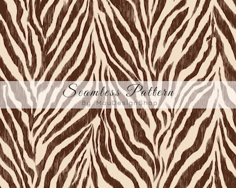 May include: A seamless pattern featuring a dark brown and cream zebra stripe design. A horizontal white banner across the center displays the text Seamless Pattern By MouDesignShop in a dark script and sans-serif font combination.