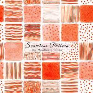 May include: Seamless pattern design featuring a grid of orange and peach watercolor squares. Each square contains a different pattern, including stripes, dots, and solid blocks. The text "Seamless Pattern By MouDesignShop" is displayed.
