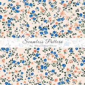 May include: A seamless pattern featuring a cream background with a delicate floral design. The pattern includes small blue and peach-colored flowers with green leaves and stems. The text "Seamless Pattern By MouDesignShop" is displayed in a banner across the image.