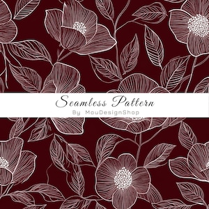 May include: A seamless pattern featuring white line art of flowers and leaves on a deep burgundy background. A white horizontal banner across the center displays the black text Seamless Pattern By MouDesignShop in a script and sans-serif font.
