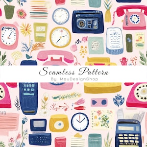May include: A seamless pattern featuring a light pink background with various illustrated objects including pink rotary telephones, blue radios, yellow typewriters, clocks, calculators, and floral elements. The text Seamless Pattern By MouDesignShop is centered.