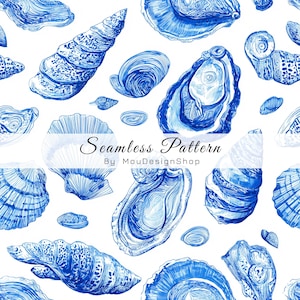 May include: A seamless pattern featuring blue ink illustrations of various seashells on a white background. The text "Seamless Pattern By MouDesignShop" is overlaid in the center. The design includes detailed drawings of oysters, conch shells, and clams.