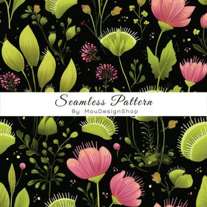 Venus Flytrap Carnivorous Plants Night Environment Seamless Pattern