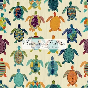 Moving Turtle Colorful on Cream Background Paddle Seamless Repeat Pattern