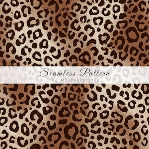 May include: A seamless leopard print pattern featuring dark brown spots on a light brown and tan background. A white horizontal banner across the centre displays the text Seamless Pattern By MouDesignShop in a black serif and sans-serif font.