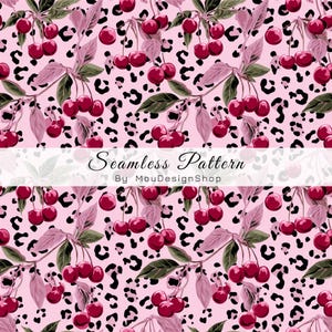 May include: A seamless pattern featuring red cherries with green leaves on a light pink background with a black leopard print. The image includes the text Seamless Pattern By MouDesignShop centered horizontally across the middle section.
