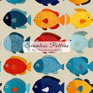 May include: A seamless pattern featuring rows of stylized fish in various colors including dark blue, orange, yellow, red, and light blue against a beige background. The text Seamless Pattern By MouDesignShop is centered on the image.