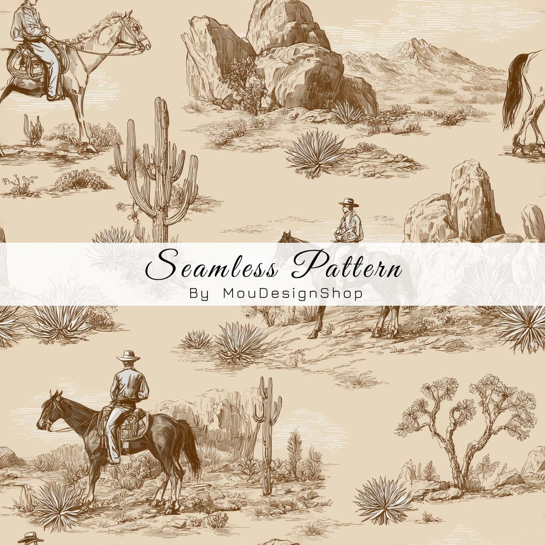Red Western Repeat Pattern Western Cowboy Landscape Dryland Desert Cactus Horse Cream Seamless ...