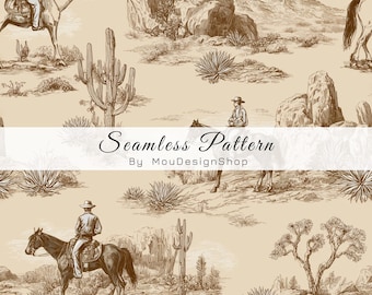 May include: A seamless pattern featuring brown line art illustrations of cowboys on horseback, cacti, desert rock formations, and shrubs on a light beige background. The text Seamless Pattern By MouDesignShop is centered horizontally.