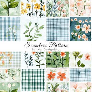 May include: A digital seamless pattern featuring a grid of watercolor illustrations including yellow, orange, and white flowers, green foliage, and blue or green plaid squares. The text Seamless Pattern By MouDesignShop is centered.
