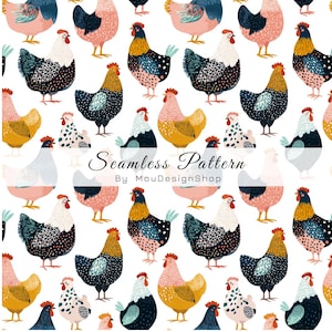 May include: Seamless pattern featuring colorful illustrations of chickens in various poses. The chickens are in shades of pink, yellow, blue, and black, set against a white background. The text "Seamless Pattern By MouDesignShop" is also present.