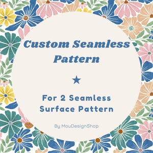 May include: A floral pattern design with a cream-colored circle in the center. The circle contains the text "Custom Seamless Pattern" and "For 2 Seamless Surface Pattern". The background is filled with colorful flowers.