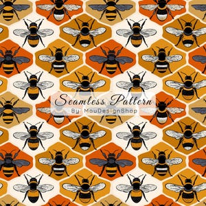 Peut inclure: Un motif répétitif composé d'illustrations de bourdons noirs et jaunes, disposés sur un fond de formes hexagonales alternant entre l'orange et la couleur crème. Le texte Seamless Pattern By MouDesignShop est centré.